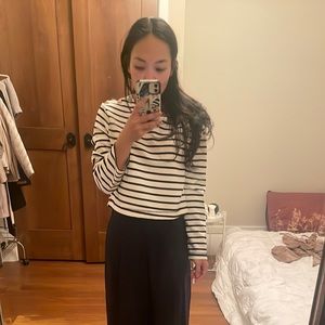 Zara navy and white stripe long sleeve stretch top with button collar detail